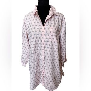 Lands’ End Plus Size Pink No Iron Southwestern Classic Cotton Button Tunic Top